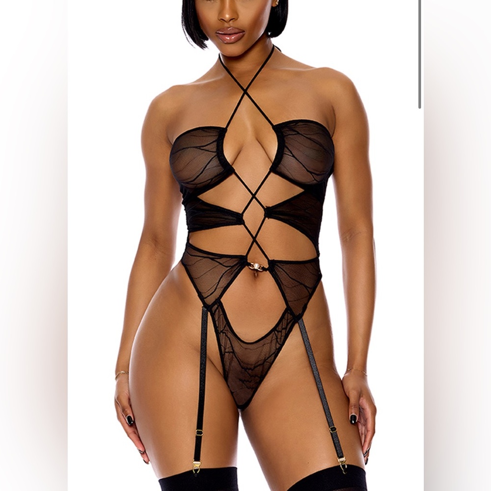 pull my strings Halter Teddy Bodysuit Mesh Lingerie Stripper Forplay Medium